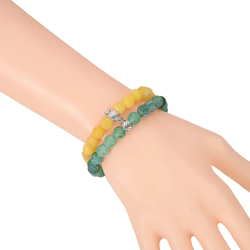 Natural Frosted Agate Beaded Bracelet - Silver Pineapple Charm Healing Jewelry