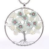 Wire‑Wrapped Tree of Life Pendant, Natural Chip Crystal With Handmade Ceramic Flower, Silver Circle Life Tree Necklace Charm, Spiritual Healing Jewelry