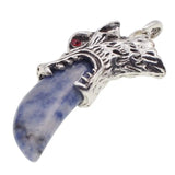 Antique Silver Wolf Head Claw Natural Gemstone Pendant Necklace, Vintage Carved Wolf Tooth Crystal Charm Necklace, Boho Spiritual Protection Healing Stone Jewelry for Men Women