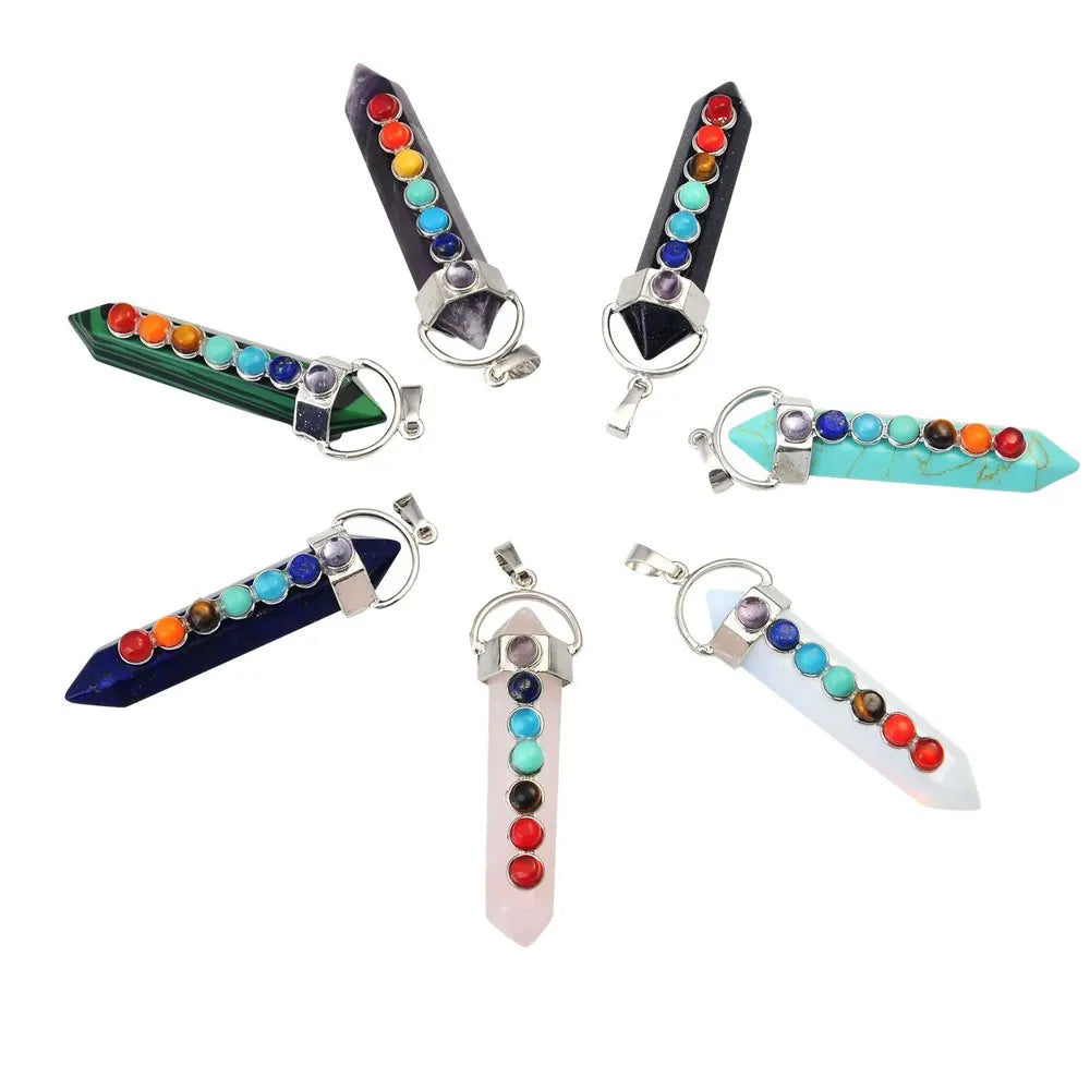 7 Chakra Crystal Point Pendant, Natural Stone Double Terminated Crystal Wand Pendant Chakra Healing Jewelry