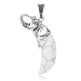 Antique Silver Elephant Wrapped Crescent Moon Natural Gemstone Pendant Necklace, Polished Moon‑Shape Crystal Charm Necklace, Boho Spiritual Chakra Reiki Healing Stone Jewelry for Women