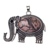 Antique Silver Elephant Natural Gemstone Pendant, Oval Cabochon Crystal Stone Elephant Charm Pendant, Reiki Chakra Healing Stone DIY Jewelry Making Supply for Necklace