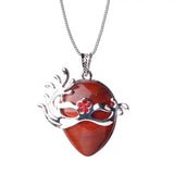 Silver‑Tone Venetian Masquerade Mask Natural Crystal Necklace, Red Rhinestone Inlay Teardrop Gemstone Pendant Necklace, Reiki Healing Stone Boho Jewelry for Women