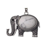 Antique Silver Elephant Natural Gemstone Pendant, Oval Cabochon Crystal Stone Elephant Charm Pendant, Reiki Chakra Healing Stone DIY Jewelry Making Supply for Necklace