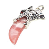 Antique Silver Wolf Head Claw Natural Gemstone Pendant Necklace, Vintage Carved Wolf Tooth Crystal Charm Necklace, Boho Spiritual Protection Healing Stone Jewelry for Men Women