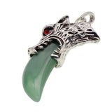 Antique Silver Wolf Head Claw Natural Gemstone Pendant Necklace, Vintage Carved Wolf Tooth Crystal Charm Necklace, Boho Spiritual Protection Healing Stone Jewelry for Men Women