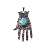 Antique Silver Hamsa Hand Pendant with Round Natural Stone, Evil Eye Protection Gemstone Charm, Boho Spiritual Hand of Fatima Necklace Pendant