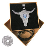 Retro Southwest Bull Skull Pendant, Vintage Silver‑Tone Longhorn Bull Head Charm Inlaid Natural Cabochon Stone, Boho Western Style DIY Jewelry Making Supply
