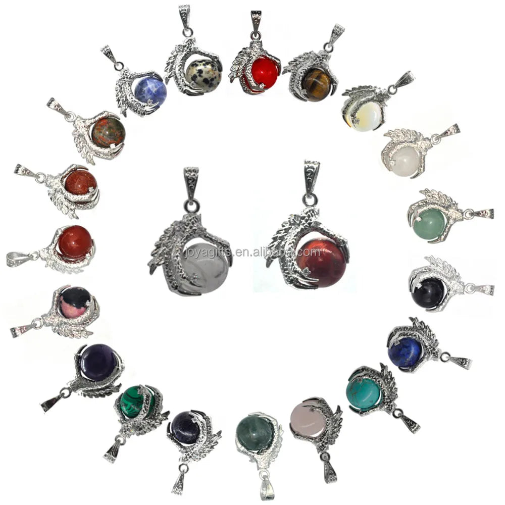 Dragon Phoenix Wrapped Crystal Ball Pendant Necklace, Silver Tone Totem with 16mm Natural Gemstone Sphere, Reiki Healing Spiritual Jewelry with Black Cord