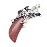Antique Silver Wolf Head Claw Natural Gemstone Pendant Necklace, Vintage Carved Wolf Tooth Crystal Charm Necklace, Boho Spiritual Protection Healing Stone Jewelry for Men Women