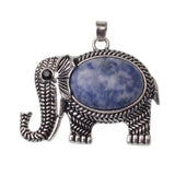 Antique Silver Elephant Natural Gemstone Pendant, Oval Cabochon Crystal Stone Elephant Charm Pendant, Reiki Chakra Healing Stone DIY Jewelry Making Supply for Necklace