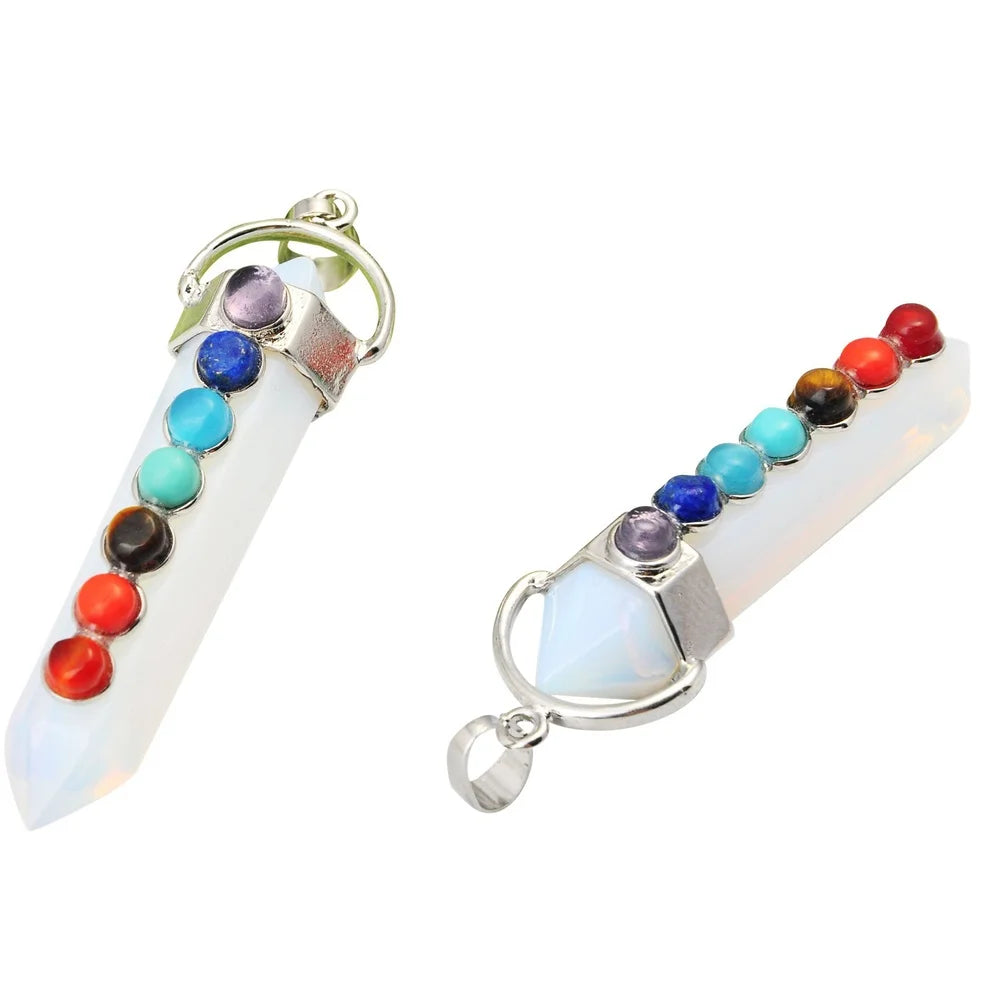 7 Chakra Crystal Point Pendant, Natural Stone Double Terminated Crystal Wand Pendant Chakra Healing Jewelry