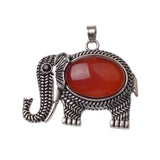 Antique Silver Elephant Natural Gemstone Pendant, Oval Cabochon Crystal Stone Elephant Charm Pendant, Reiki Chakra Healing Stone DIY Jewelry Making Supply for Necklace