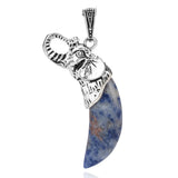 Antique Silver Elephant Wrapped Crescent Moon Natural Gemstone Pendant Necklace, Polished Moon‑Shape Crystal Charm Necklace, Boho Spiritual Chakra Reiki Healing Stone Jewelry for Women