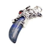 Antique Silver Wolf Head Claw Natural Gemstone Pendant Necklace, Vintage Carved Wolf Tooth Crystal Charm Necklace, Boho Spiritual Protection Healing Stone Jewelry for Men Women