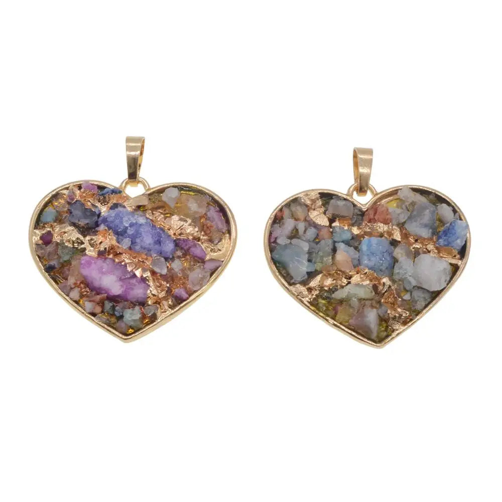 Multi-Shape Orgonite Chip Stone Resin Pendant, Gold-Tone Metal Frame Mixed Colorful Gemstone Inlay, Heart Starfish Triangle Diamond Shaped Orgone Energy Amulet Boho Spiritual Jewelry