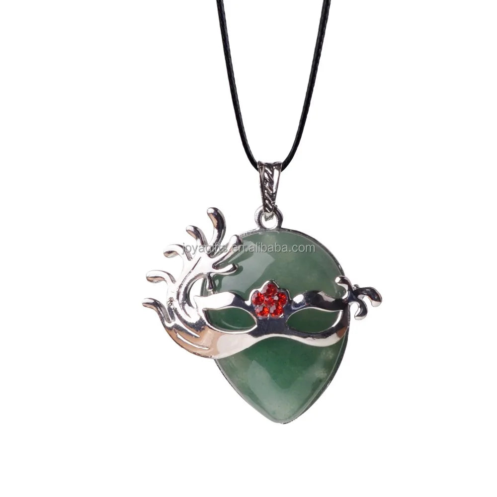 Silver‑Tone Venetian Masquerade Mask Natural Crystal Necklace, Red Rhinestone Inlay Teardrop Gemstone Pendant Necklace, Reiki Healing Stone Boho Jewelry for Women