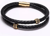 Double Layer Black Braided Genuine Leather Bracelet for Men - Gold Stainless Steel Magnetic Clasp, Luxury Copper CZ Zircon Charm Punk Rock Bangle