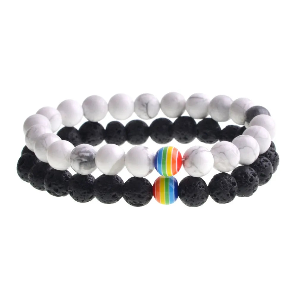 8mm White Howlite & Lava Rock Stretch Bracelet with Rainbow Resin Accent Bead Unisex Aromatherapy Essential Oil Diffuser Beaded Bracelet Wholesale Jewelry Gift