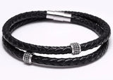 Double Layer Black Braided Genuine Leather Bracelet for Men - Gold Stainless Steel Magnetic Clasp, Luxury Copper CZ Zircon Charm Punk Rock Bangle