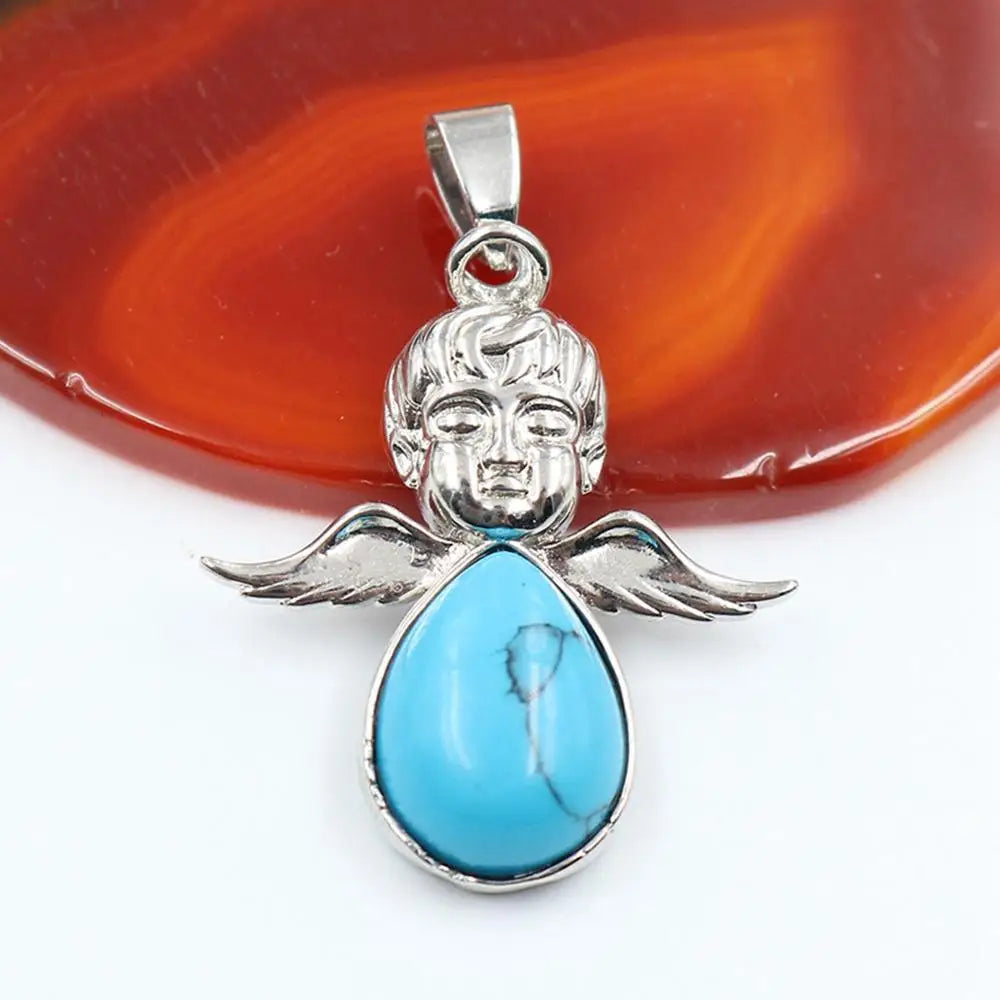 Angel Shape Teardrop Natural Crystal Pendant Necklace Multi‑Color Healing Gemstone Charm Necklace Spiritual Energy Jewelry for Women Gift