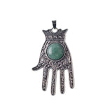 Antique Silver Hamsa Hand Pendant with Round Natural Stone, Evil Eye Protection Gemstone Charm, Boho Spiritual Hand of Fatima Necklace Pendant