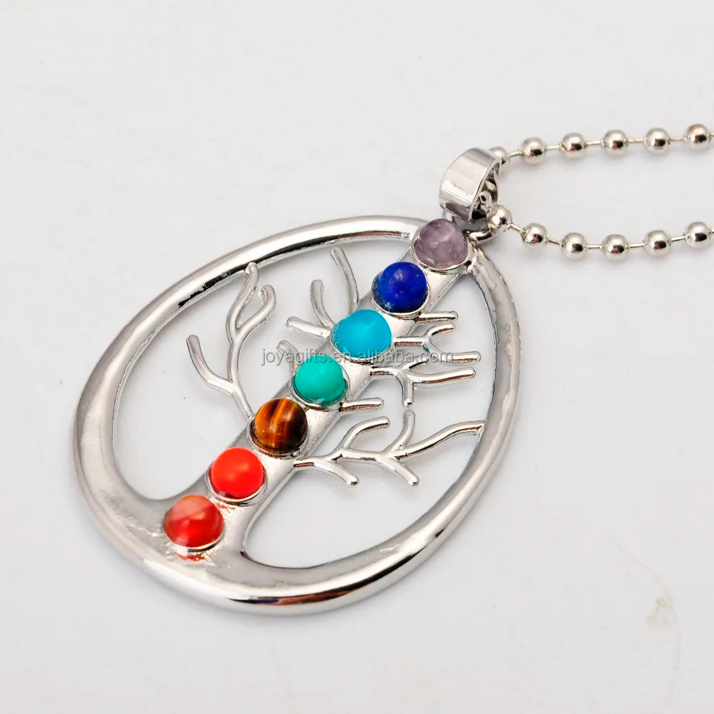Tree of Life 7 Chakra Pendant Necklace, Silver‑Plated Hollow Oval Tree Charm with Natural Chakra Gemstone Beads, Reiki Healing Spiritual Yoga Jewelry for Men Women