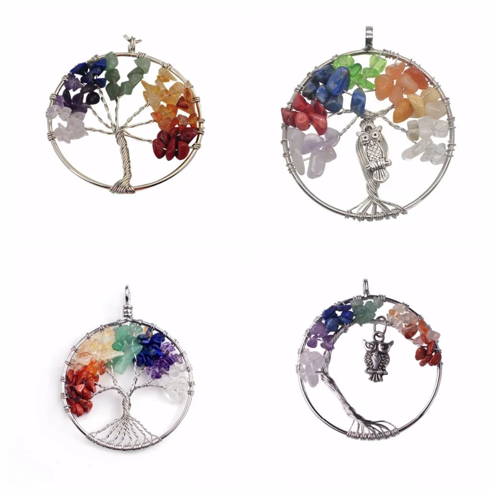7 Chakra Tree of Life Pendant, Hand Wire‑Wrapped Natural Crystal Chip Round Charm, Optional Owl Metal Accent Spiritual Reiki Healing Jewelry for Necklace Making
