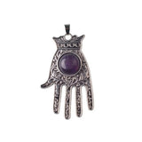 Antique Silver Hamsa Hand Pendant with Round Natural Stone, Evil Eye Protection Gemstone Charm, Boho Spiritual Hand of Fatima Necklace Pendant