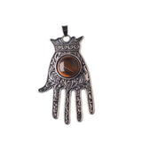 Antique Silver Hamsa Hand Pendant with Round Natural Stone, Evil Eye Protection Gemstone Charm, Boho Spiritual Hand of Fatima Necklace Pendant