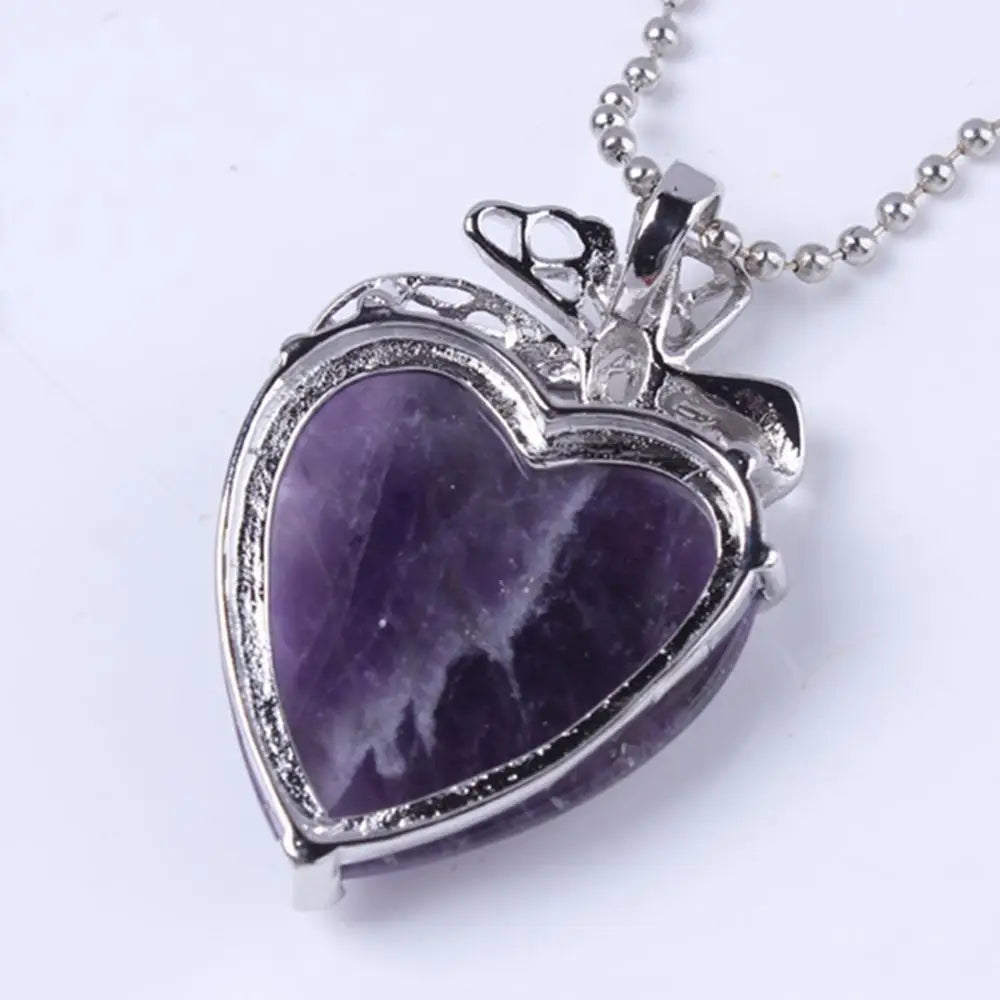 Multi Color Natural Stone Heart Pendant Silver Tone Bowknot Metal Setting Crystal Charm for Necklace Making Women Jewelry Gift