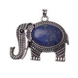 Antique Silver Elephant Natural Gemstone Pendant, Oval Cabochon Crystal Stone Elephant Charm Pendant, Reiki Chakra Healing Stone DIY Jewelry Making Supply for Necklace