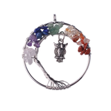 7 Chakra Tree of Life Pendant, Hand Wire‑Wrapped Natural Crystal Chip Round Charm, Optional Owl Metal Accent Spiritual Reiki Healing Jewelry for Necklace Making