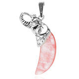 Antique Silver Elephant Wrapped Crescent Moon Natural Gemstone Pendant Necklace, Polished Moon‑Shape Crystal Charm Necklace, Boho Spiritual Chakra Reiki Healing Stone Jewelry for Women