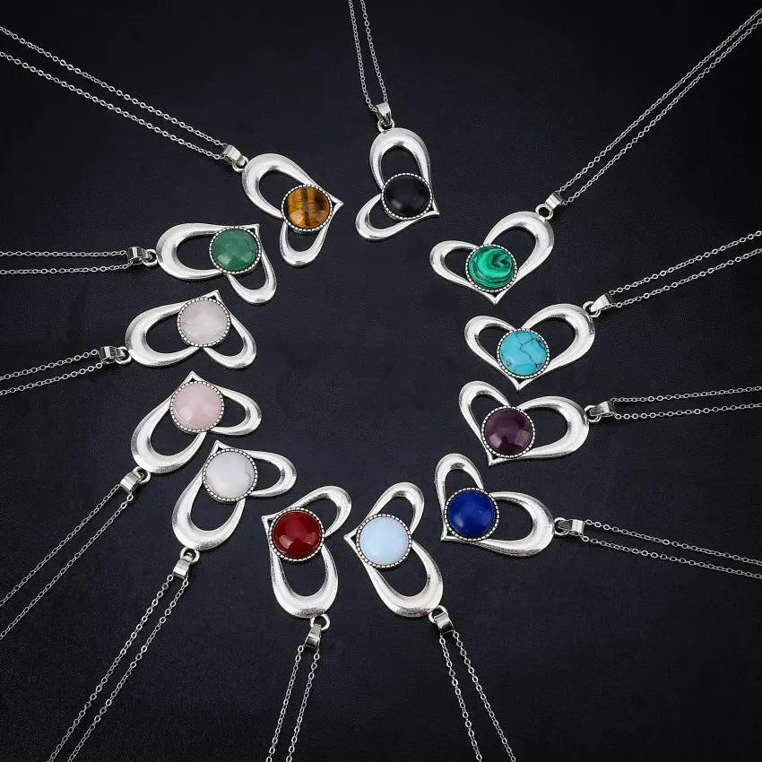 Sleek Open Heart Natural Stone Pendant Necklace, Silver Tone Curved Metal Frame with Round Gemstone, Minimalist Everyday Necklace for Women