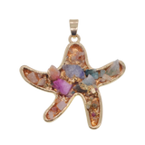 Multi-Shape Orgonite Chip Stone Resin Pendant, Gold-Tone Metal Frame Mixed Colorful Gemstone Inlay, Heart Starfish Triangle Diamond Shaped Orgone Energy Amulet Boho Spiritual Jewelry