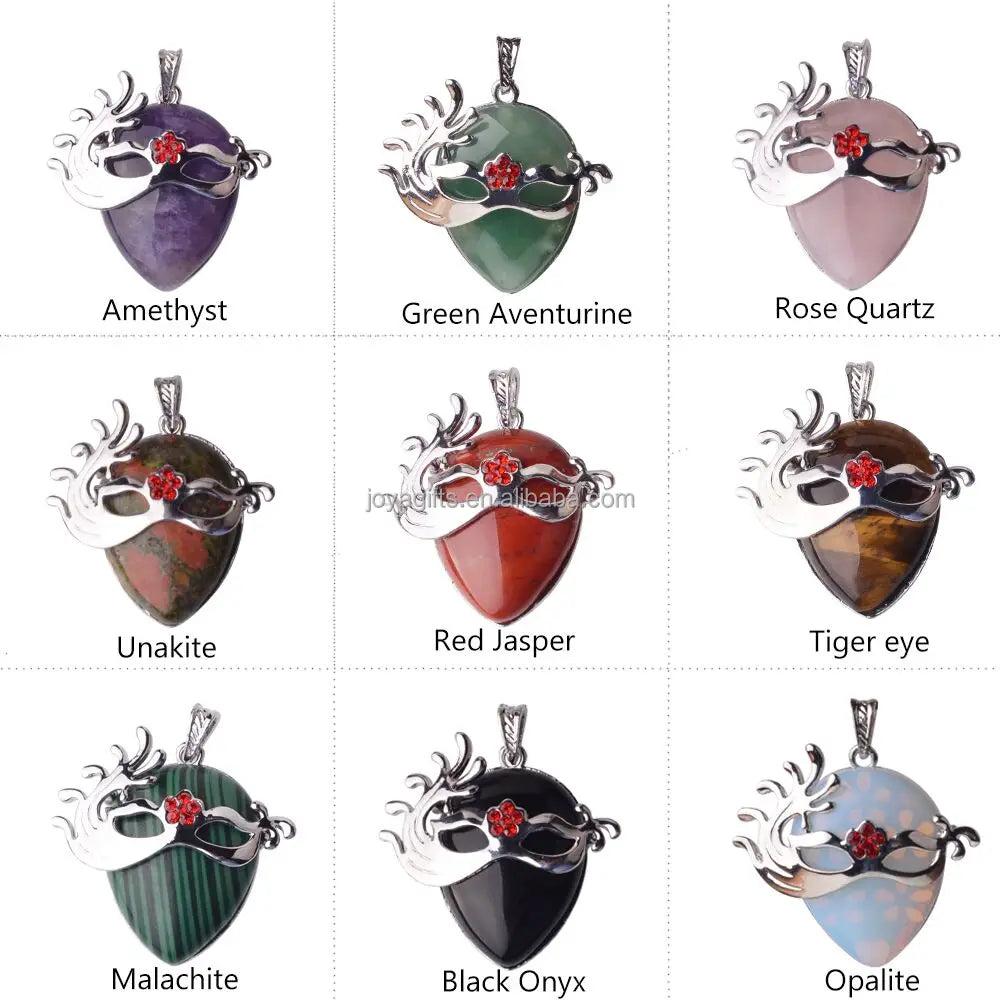 Silver‑Tone Venetian Masquerade Mask Natural Crystal Necklace, Red Rhinestone Inlay Teardrop Gemstone Pendant Necklace, Reiki Healing Stone Boho Jewelry for Women