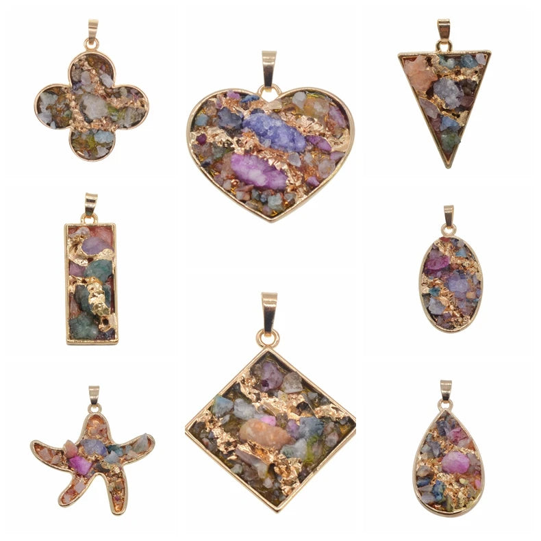 Multi-Shape Orgonite Chip Stone Resin Pendant, Gold-Tone Metal Frame Mixed Colorful Gemstone Inlay, Heart Starfish Triangle Diamond Shaped Orgone Energy Amulet Boho Spiritual Jewelry