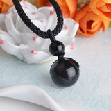 Polished Black Obsidian Sphere Pendant Necklace, Multi‑Size Round Obsidian Ball with Braided Black‑Gold Adjustable Cord, Protection Energy Stone Unisex Spiritual Necklace