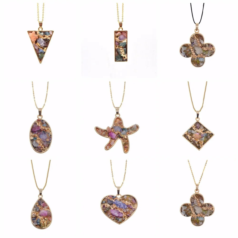 Orgone Crushed Mixed Gemstone Resin Pendant, Gold Plated Frame Multi‑Shape Natural Chip Stone Necklace Pendant, Orgonite Chakra Reiki Energy Healing Charm for Women