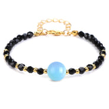 4mm Faceted Black Crystal Beaded Bracelet with 10mm Natural Stone Center Bead Gold Plated Adjustable Extension Chain Chakra Healing Bracelet for Women