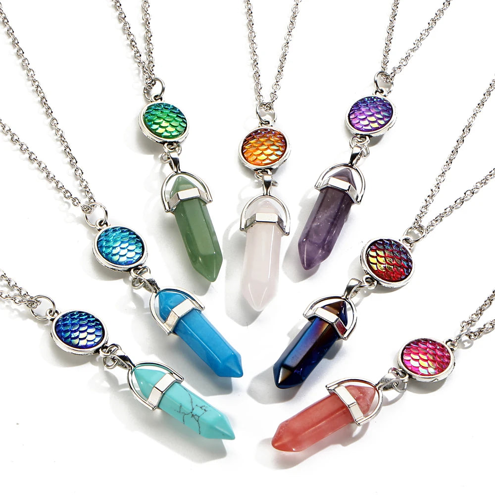 Silver Plated Chain Crystal Point Necklace, Mermaid Scale Round Accent Natural Stone Hexagonal Prism Pendant, Daily Wear Spiritual Crystal Jewellery
