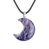 Natural Crescent Moon Necklace - Healing Crystal Moon Pendant with Black Leather Cord - Spiritual Reiki Jewelry for Women & Men
