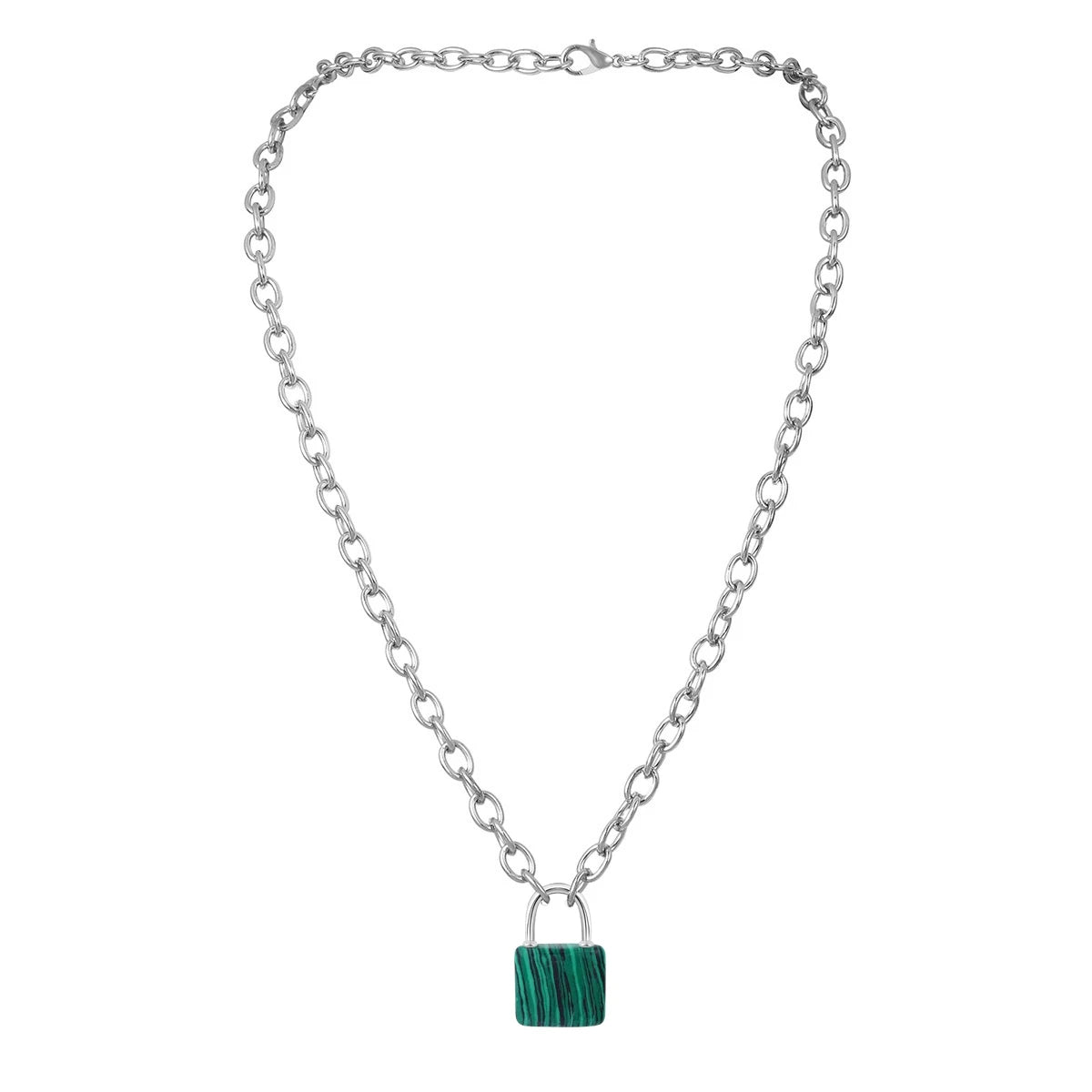Natural Healing Crystal Lock Pendant Necklace, 20-inch Alloy Chain Chakra Gemstone Jewelry