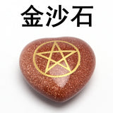 Gold Engraved Pentagram Heart Natural Crystal Stone, Wiccan Earth Goddess Symbol Pocket Healing Gemstone for Pendant & Meditation