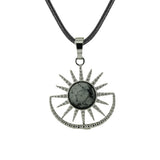 Vintage Sun Burst Crystal Pendant Necklace - Natural Gemstone Leather Cord Choker