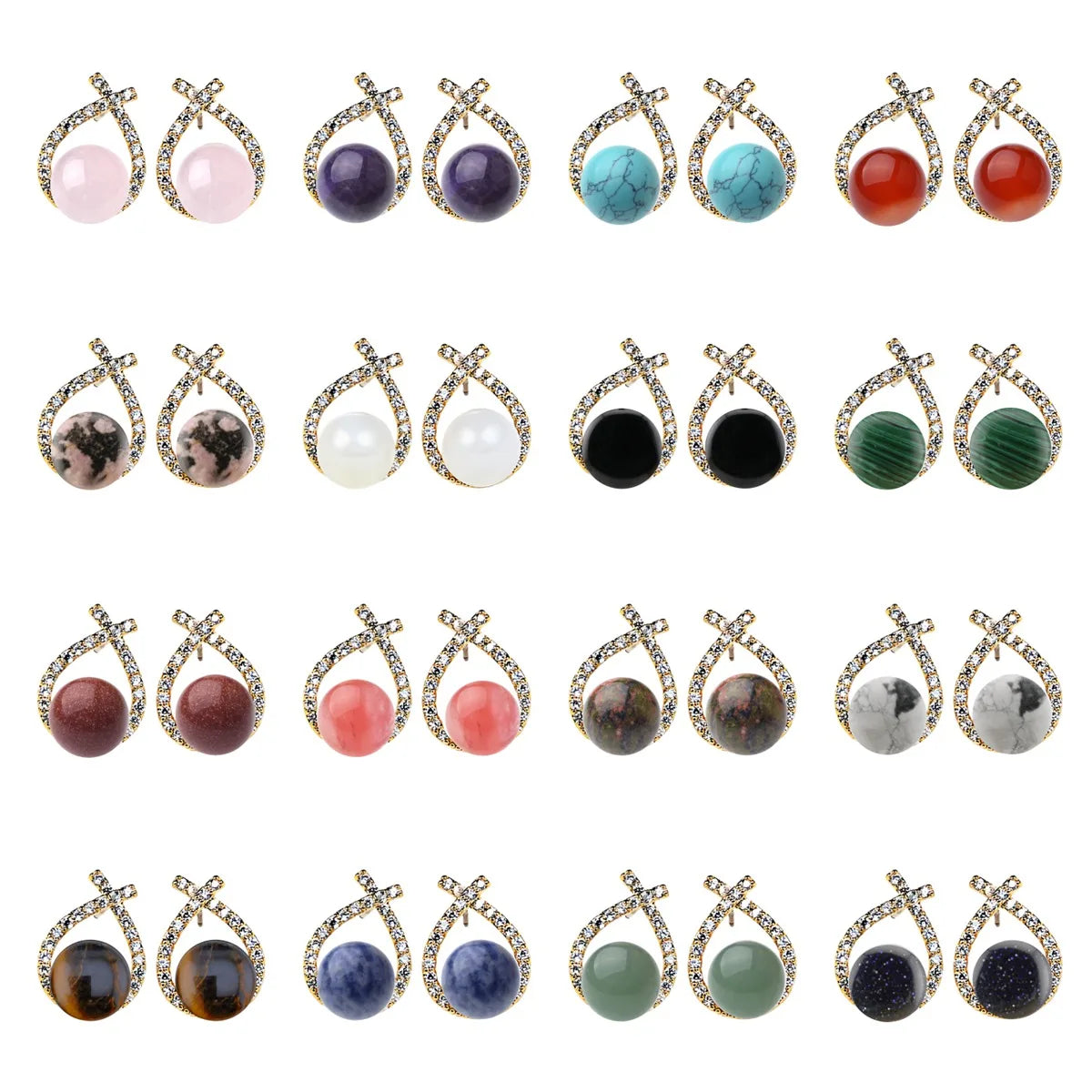 Natural Gemstone Crystal Stud Earrings 18K Gold Plated Cross Hoop Drop Earrings with Zirconia Minimalist Elegant Korean Style Crystal Jewelry