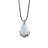 Teardrop Natural Gemstone Pendant, Silver Floral Leaf Wrapped Stone Charm, 45x27mm Pear Shape Crystal Pendant, Boho Reiki Healing Necklace Jewelry