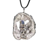 Drusy Agate Crystal Pendant Necklace Jewelry Raw Crystal Cluster Silver Wrapped 45cm Black Cord