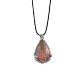Teardrop Natural Gemstone Pendant, Silver Floral Leaf Wrapped Stone Charm, 45x27mm Pear Shape Crystal Pendant, Boho Reiki Healing Necklace Jewelry